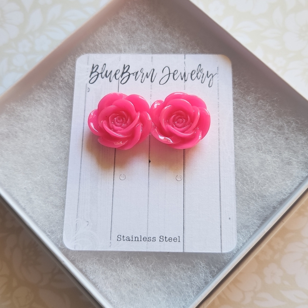 Handmade Hot Pink Rose Earrings